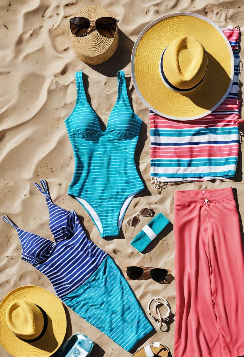 A vibrant summer scene on a sunny beach featuring an array of stylish swimwear on mannequins surrounded by essential beach accessories like hats, sunglasses, and colorful beach towels. Include a sparkling ocean in the background, in a sunny atmosphere. Emphasize bold colors and playful patterns in the swim attire, evoking a sense of fun and relaxation. beach vibes. super-realistic. vibrant colors.